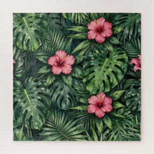 Tropical Hibiscus Monstera Jungle Pattern Jigsaw Puzzle