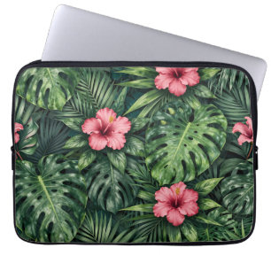 Tropical Hibiscus Monstera Jungle Pattern Laptop Sleeve