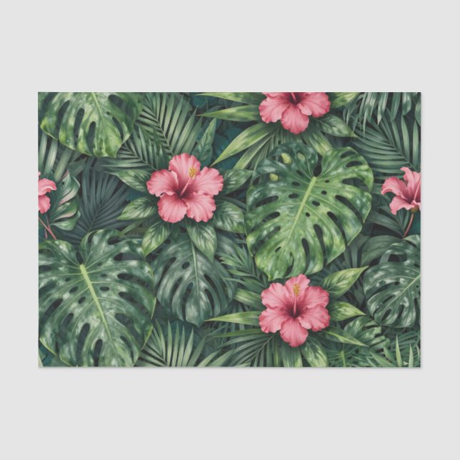 Tropical Hibiscus Monstera Jungle Pattern Tissue Paper (Front)