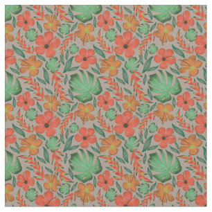Tropical Hibiscus Monstera Leaf Gray Pattern  Fabric