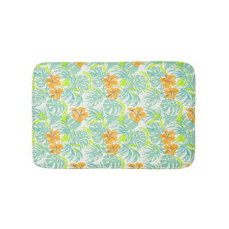 Tropical Hibiscus Monstera Leaf Pattern Home Decor Bath Mat