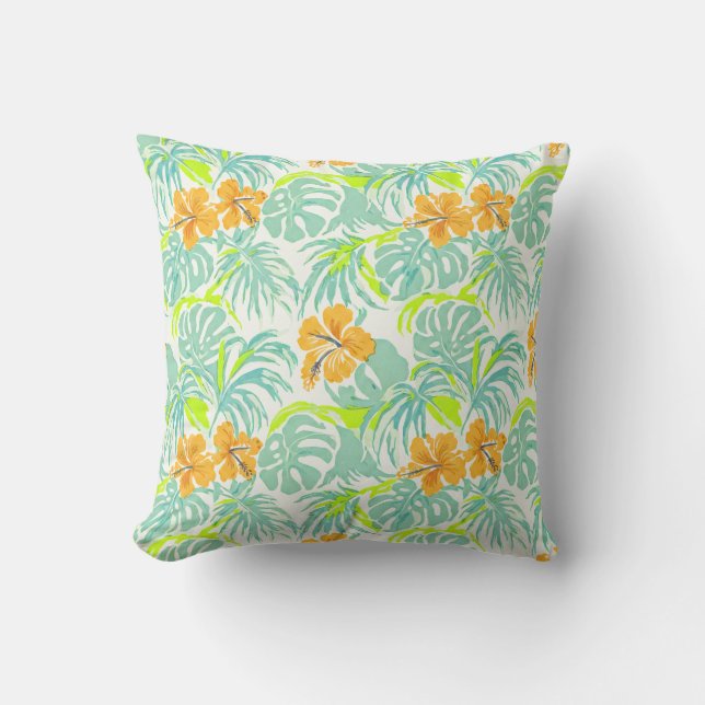 Tropical Hibiscus Monstera Leaf Pattern Home Decor Cushion (Front)