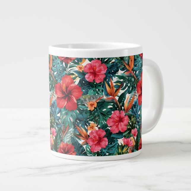 Tropical Hibiscus & Monstera Leaves Coffee Mug | E (Front Right)