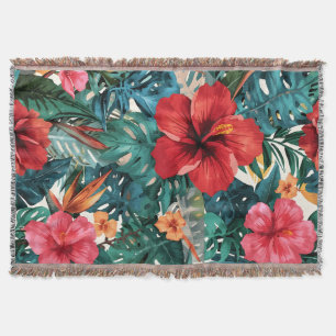 Tropical Hibiscus & Monstera Leaves Cosy Fleece Bl Throw Blanket