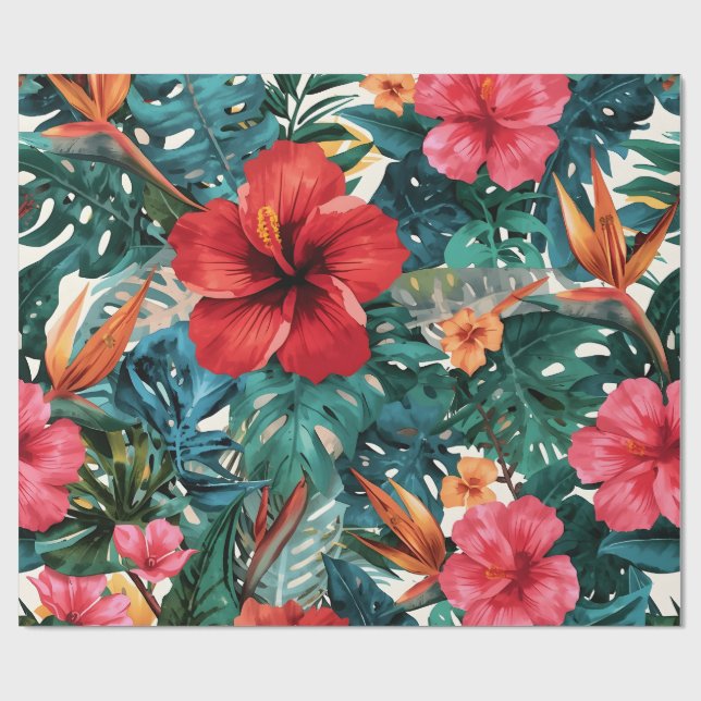 Tropical Hibiscus & Monstera Leaves Wrapping Paper (Flat)