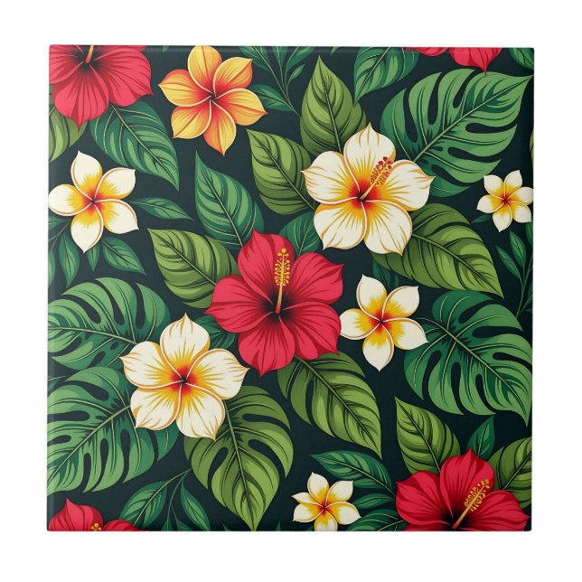 Tropical Hibiscus Monstera Pattern Tile (Front)
