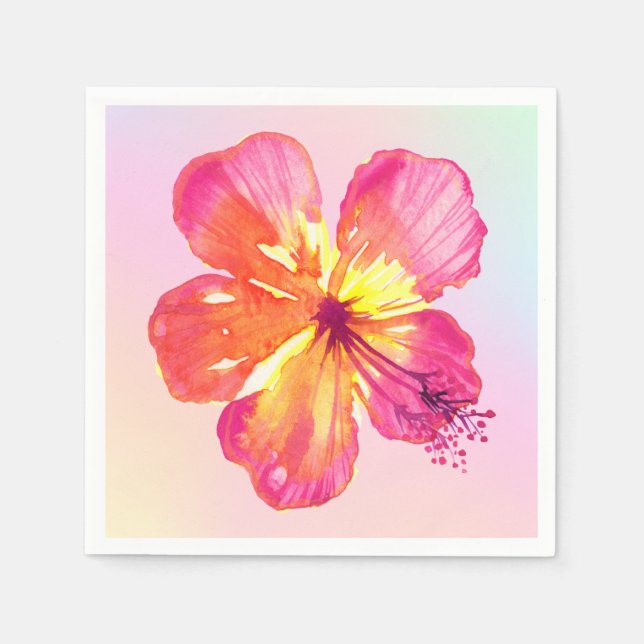 Tropical Hibiscus on Pink Yellow Aqua Ombre Floral Napkin (Front)