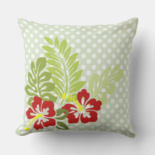 Tropical Hibiscus on Polka Dot Pattern Outdoor Cushion