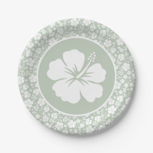 Tropical Hibiscus Pale Green Paper Plate
