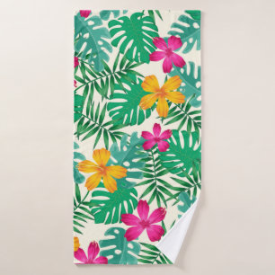 Tropical hibiscus & palm leaves. Coastal Summer. Bath Towel