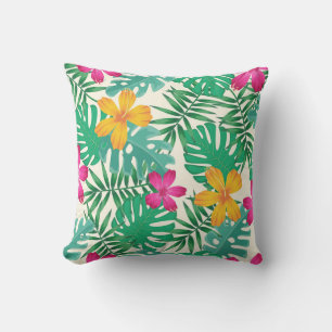 Tropical hibiscus & palm leaves. Coastal Summer. Cushion