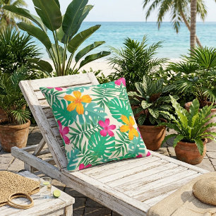 Tropical hibiscus & palm leaves. Coastal Summer. Cushion