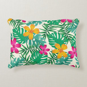 Tropical hibiscus & palm leaves. Coastal Summer. Decorative Cushion
