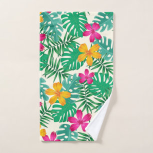 Tropical hibiscus & palm leaves. Coastal Summer.   Hand Towel