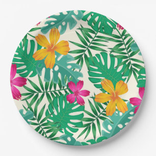 Tropical hibiscus & palm leaves. Coastal Summer.   Paper Plate
