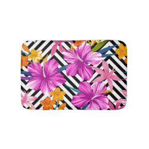 Tropical hibiscus, palm leaves, geometric. bath mat
