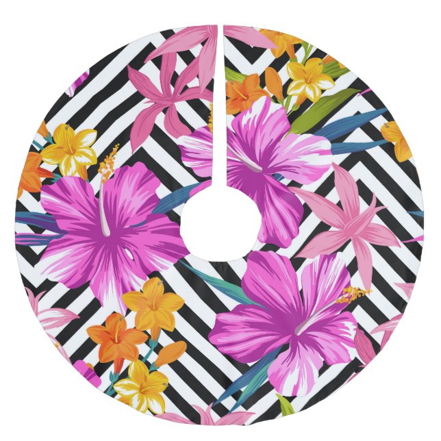 Tropical hibiscus, palm leaves, geometric. brushed polyester tree skirt (Front)