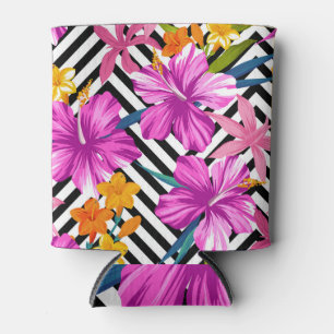 Tropical hibiscus, palm leaves, geometric. can cooler