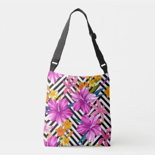 Tropical hibiscus, palm leaves, geometric. crossbody bag