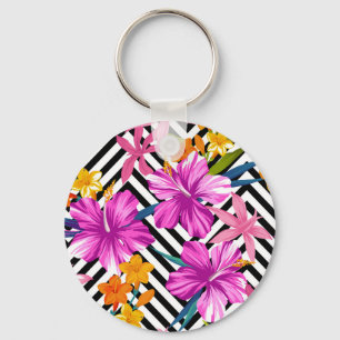 Tropical hibiscus, palm leaves, geometric. key ring