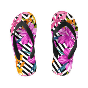 Tropical hibiscus, palm leaves, geometric. kid's jandals