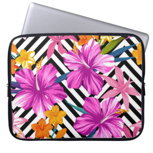 Tropical hibiscus, palm leaves, geometric. laptop sleeve
