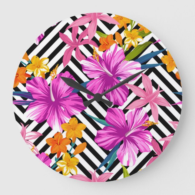 Tropical hibiscus, palm leaves, geometric. large clock (Front)