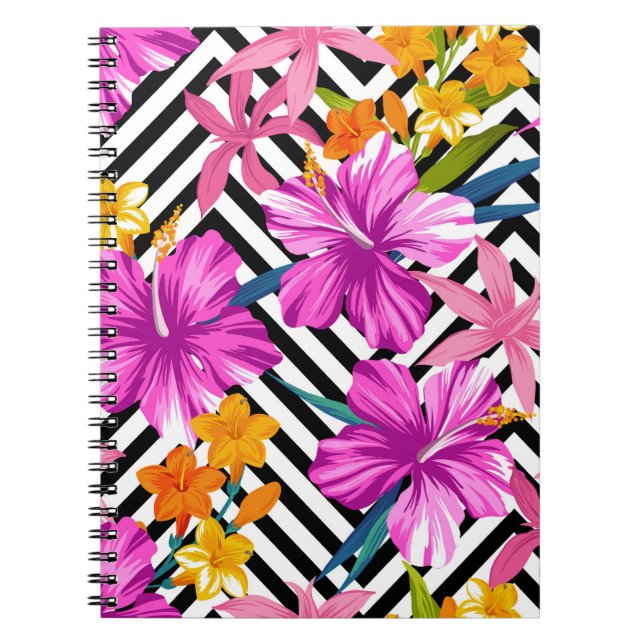 Tropical hibiscus, palm leaves, geometric. notebook (Front)