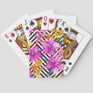 Tropical hibiscus, palm leaves, geometric. playing cards