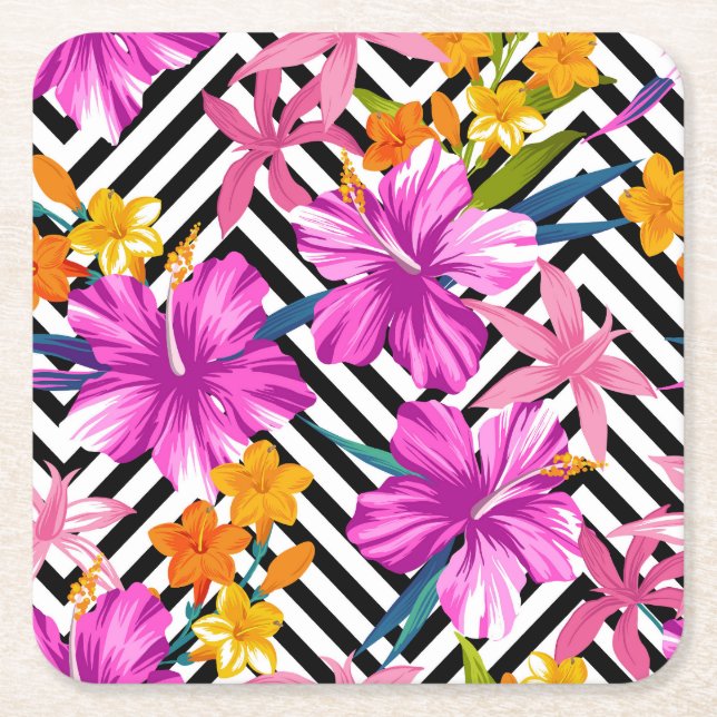 Tropical hibiscus, palm leaves, geometric. square paper coaster (Front)