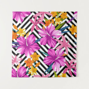 Tropical hibiscus, palm leaves, geometric. tapestry
