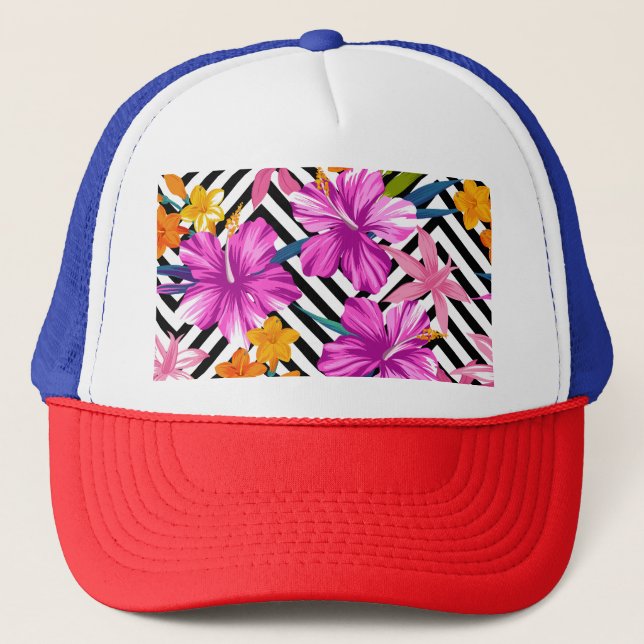 Tropical hibiscus, palm leaves, geometric. trucker hat (Front)