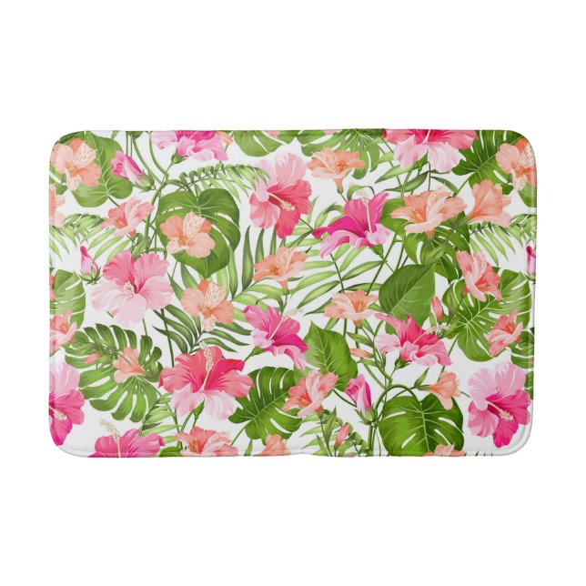 Tropical hibiscus palm monstera pattern bath mat (Front)