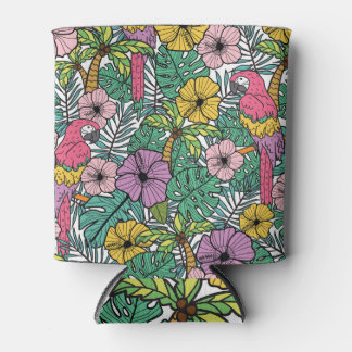 Tropical hibiscus, palm, parrots pattern. can cooler