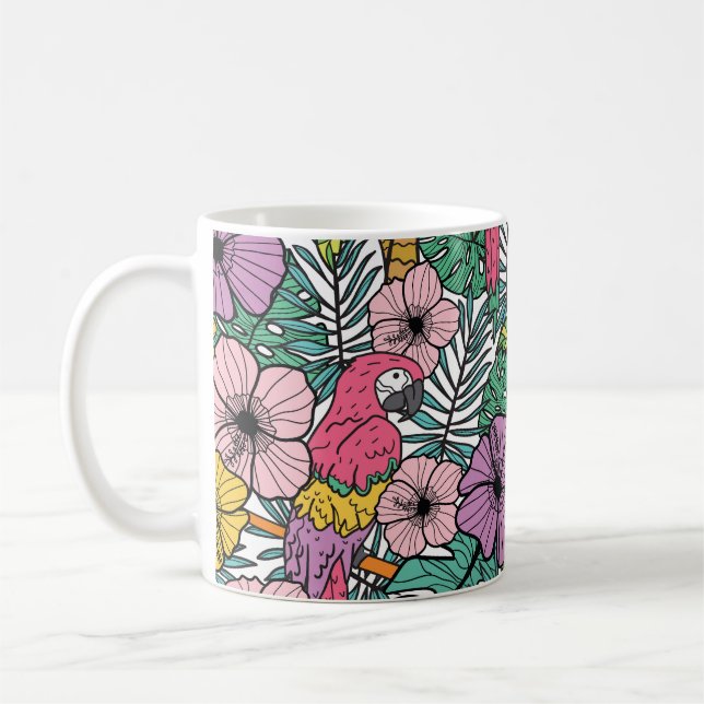 Tropical hibiscus, palm, parrots pattern. coffee mug (Left)