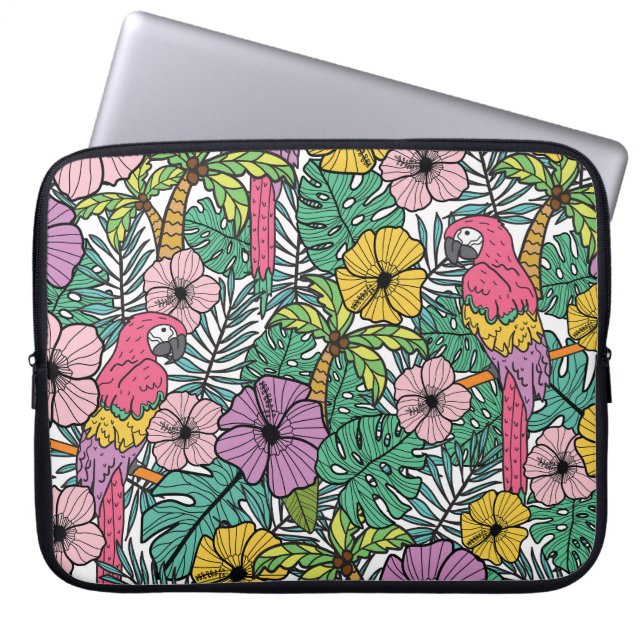 Tropical hibiscus, palm, parrots pattern. laptop sleeve (Front)