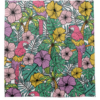 Tropical hibiscus, palm, parrots pattern. shower curtain