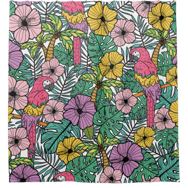 Tropical hibiscus, palm, parrots pattern. shower curtain (Front)