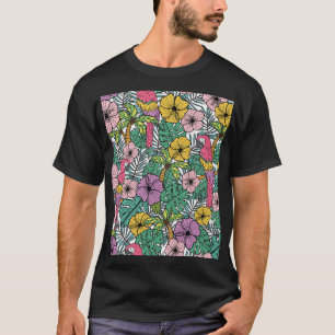 Tropical hibiscus, palm, parrots pattern. T-Shirt