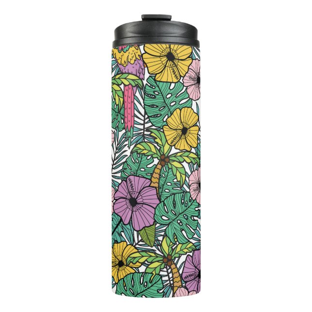 Tropical hibiscus, palm, parrots pattern. thermal tumbler (Front)