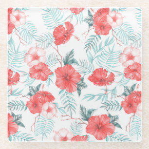 Tropical Hibiscus Palm Seamless Print Glass Coaster