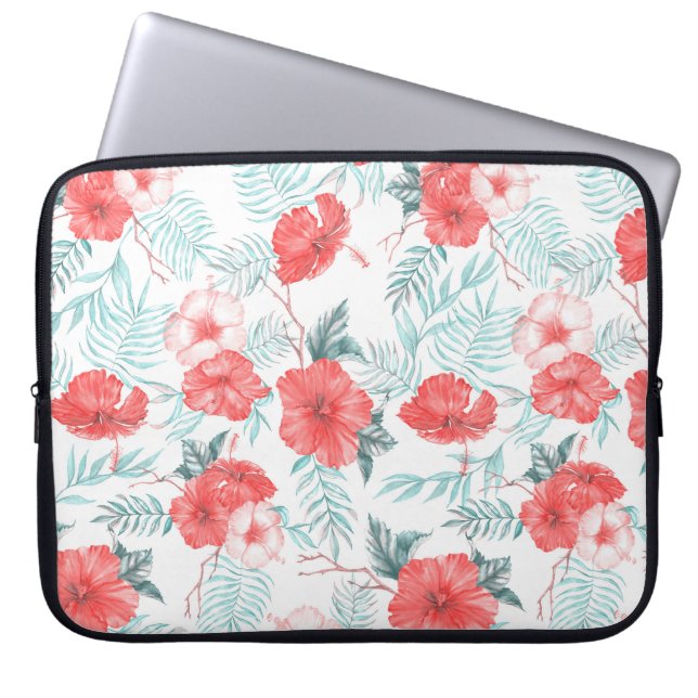 Tropical Hibiscus Palm Seamless Print Laptop Sleeve (Front)