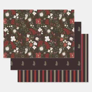 Tropical Hibiscus, Palm, Stripe Red Sage Christmas Wrapping Paper Sheet