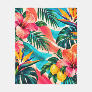 Tropical Hibiscus Paradise Botanical Art Fleece Blanket