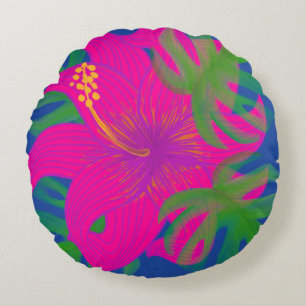 Tropical Hibiscus Philodendron Round Cushion
