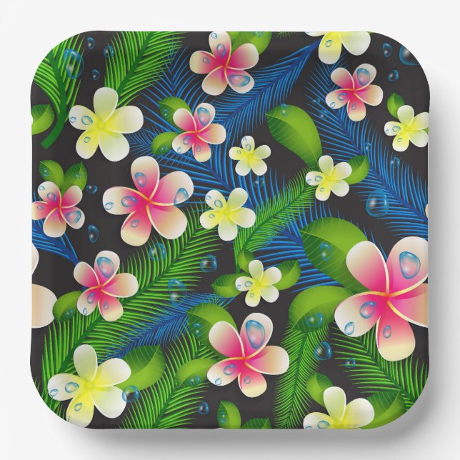Tropical Hibiscus Pink And Yellow Napkins Paper Plate (Front)