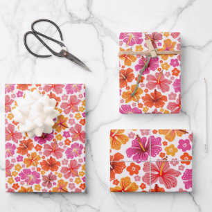 Tropical hibiscus - pink & orange wrapping paper sheet