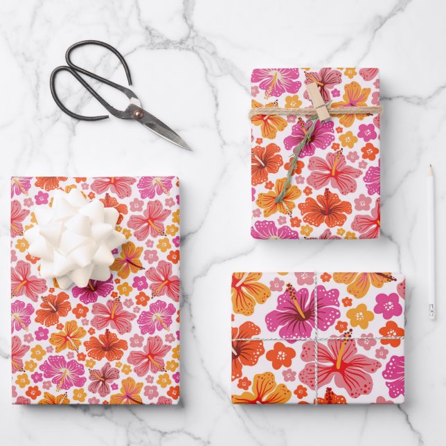 Tropical hibiscus - pink & orange wrapping paper sheet (Front)