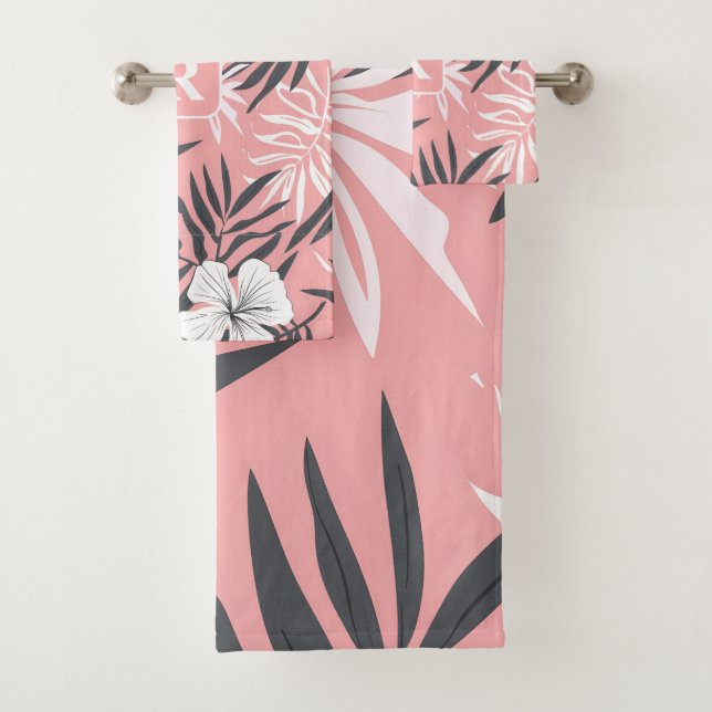 Tropical Hibiscus pink personalised Monogram Bath Towel Set (Insitu)