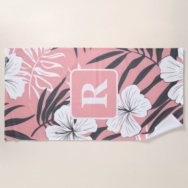 Tropical Hibiscus pink personalised Monogram Beach Towel (Front)